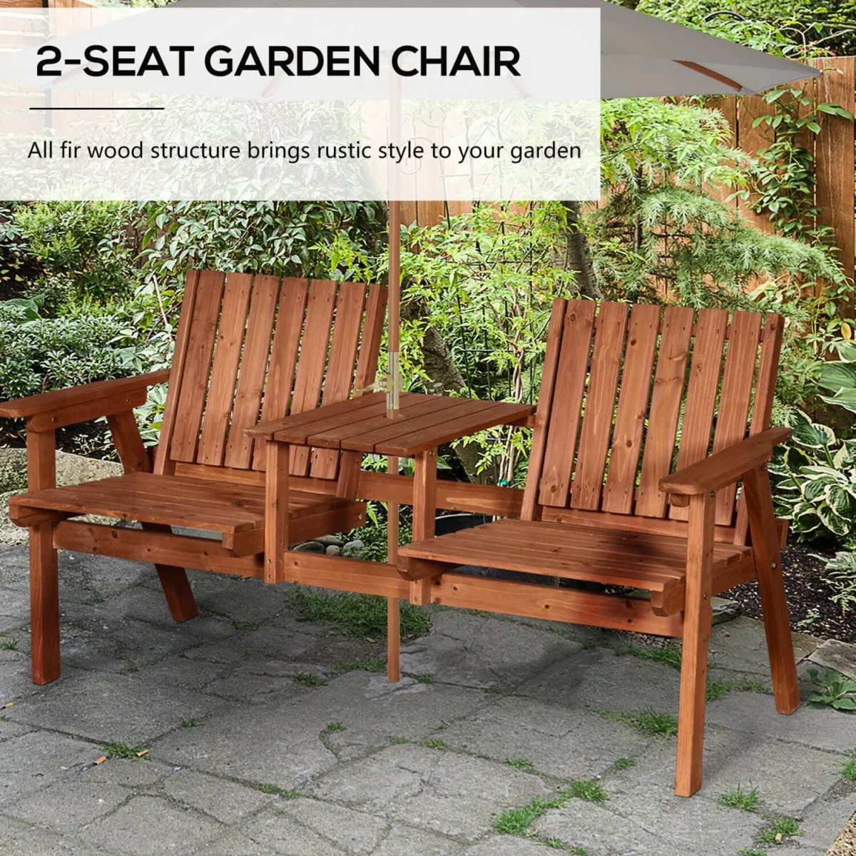 Hasa Fir Wood 2-Seater Garden Bench with Integrated Centre Table – image 2