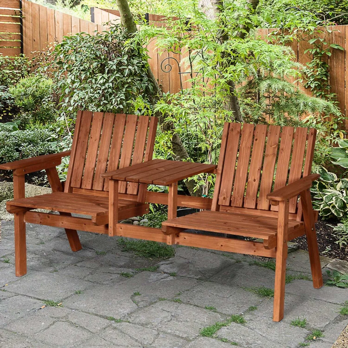 Hasa Fir Wood 2-Seater Garden Bench with Integrated Centre Table – image 4