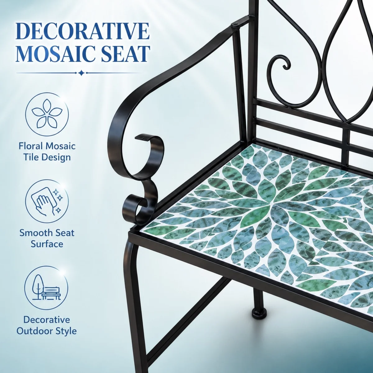 Leaf Mosaic 2 Seater Garden Bench - Black frame with mosaic tile seat – image 2