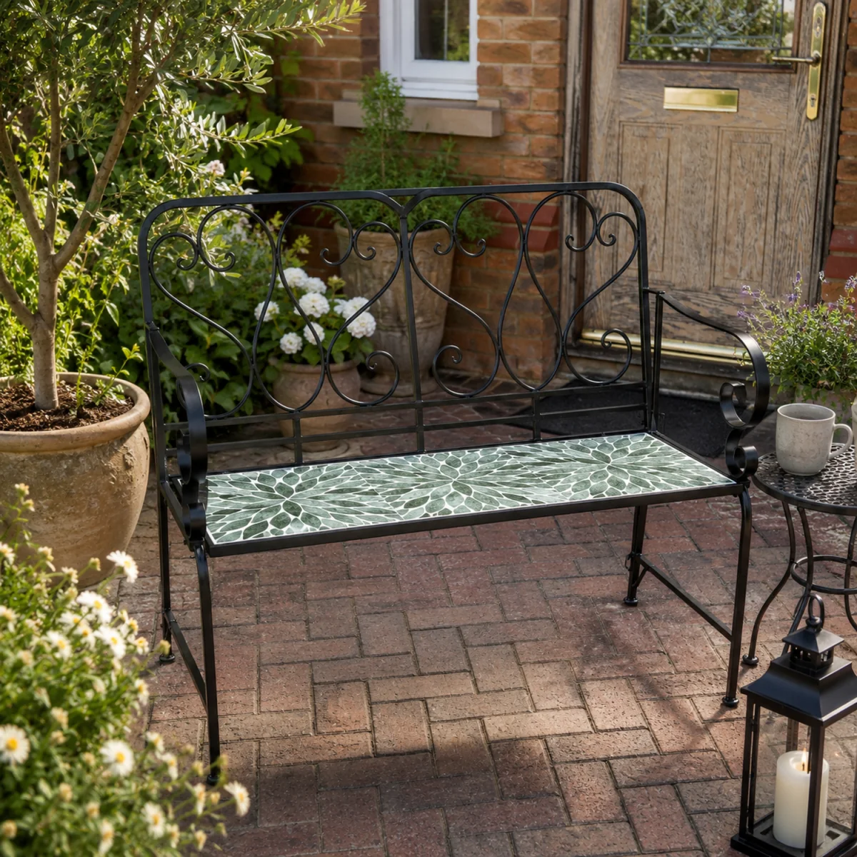 Leaf Mosaic 2 Seater Garden Bench - Black frame with mosaic tile seat – image 3
