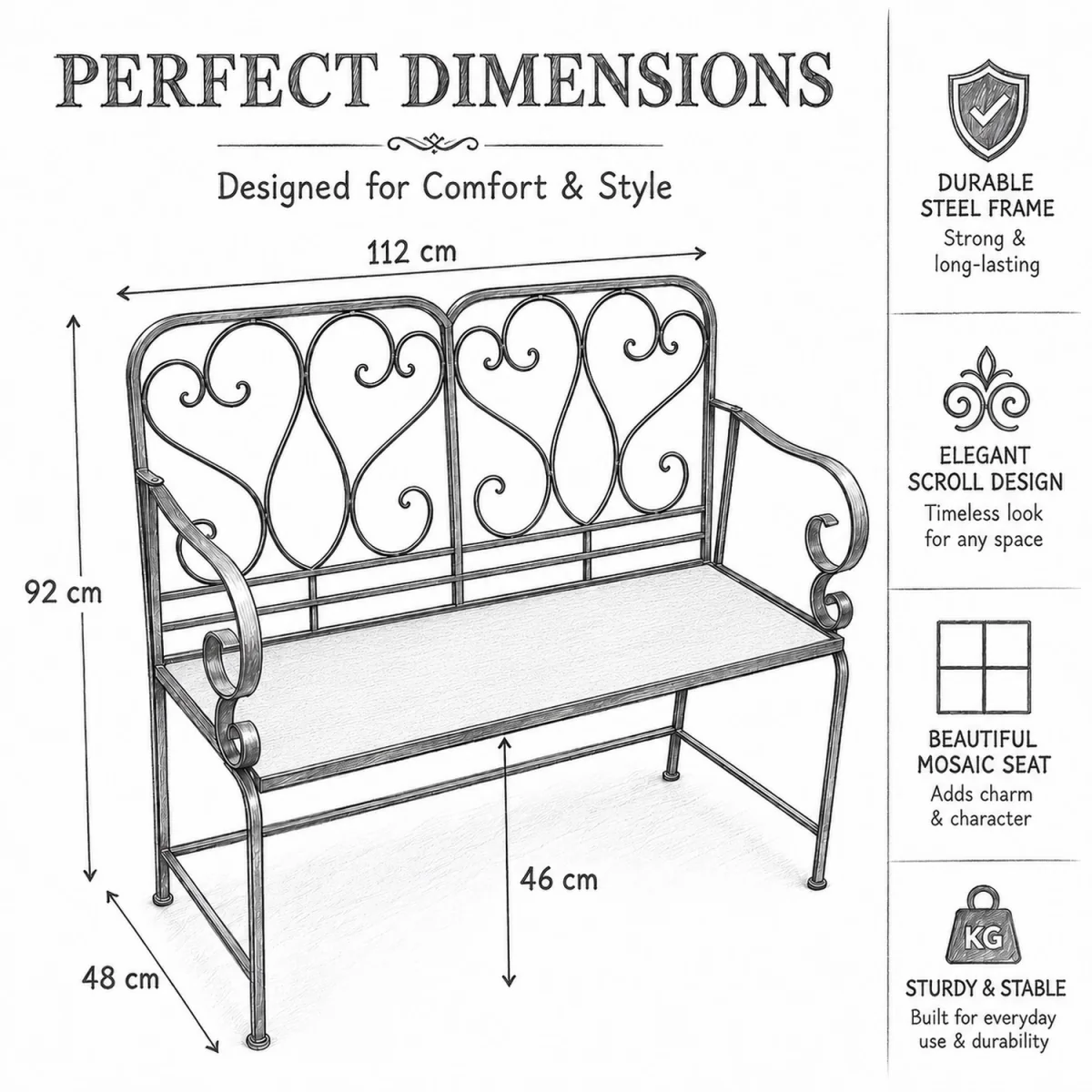 Leaf Mosaic 2 Seater Garden Bench - Black frame with mosaic tile seat – image 5