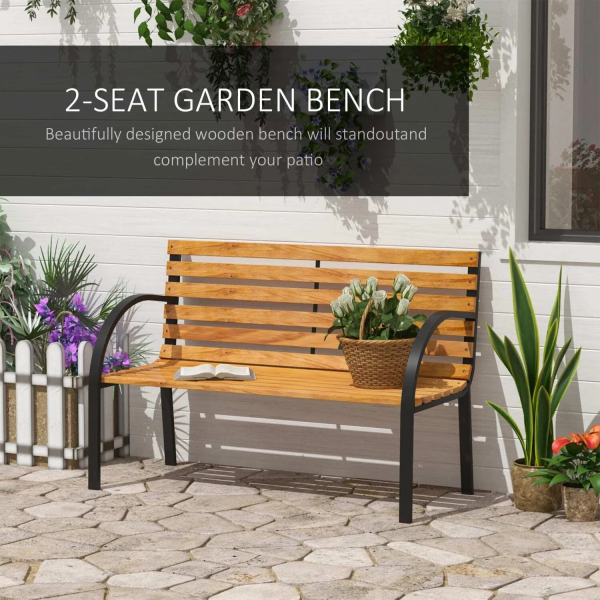 Nifalo 122cm Steel and Natural Slatted Wood Outdoor Garden Bench – image 6
