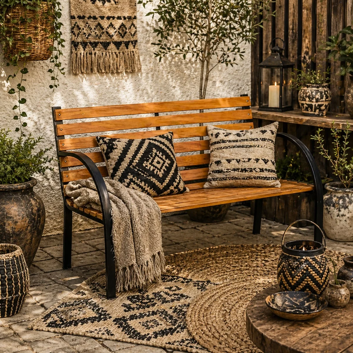 Nifalo 122cm Steel and Natural Slatted Wood Outdoor Garden Bench – image 1
