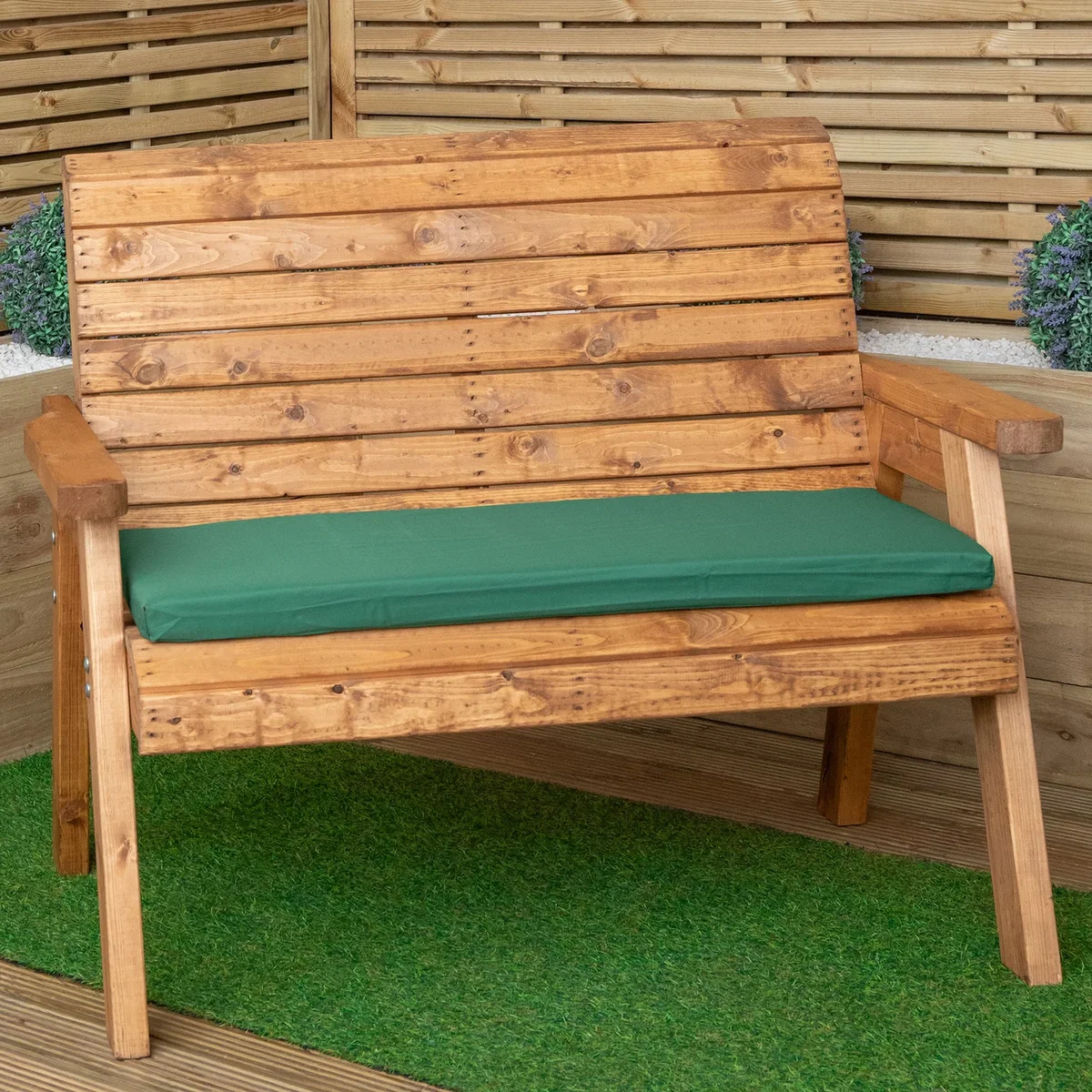Hand Made Traditional 2 Seater Chunky Rustic Wooden Garden Bench with Green Cushions, Flat Packed - Brown/Green – image 10