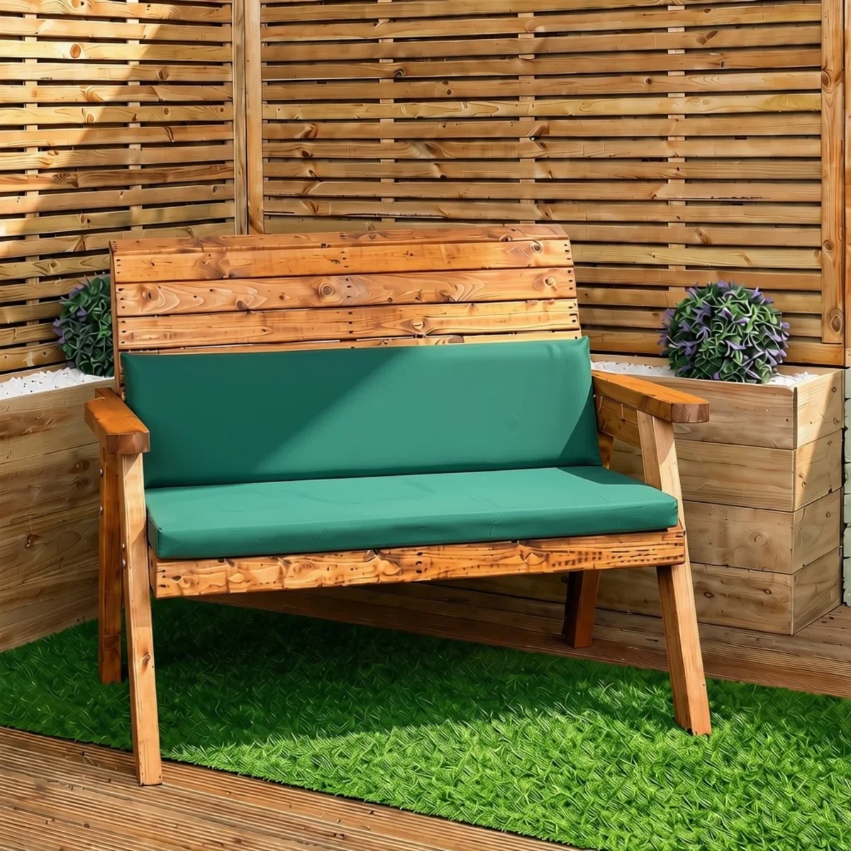 Hand Made Traditional 2 Seater Chunky Rustic Wooden Garden Bench with Green Cushions, Flat Packed - Brown/Green – image 1