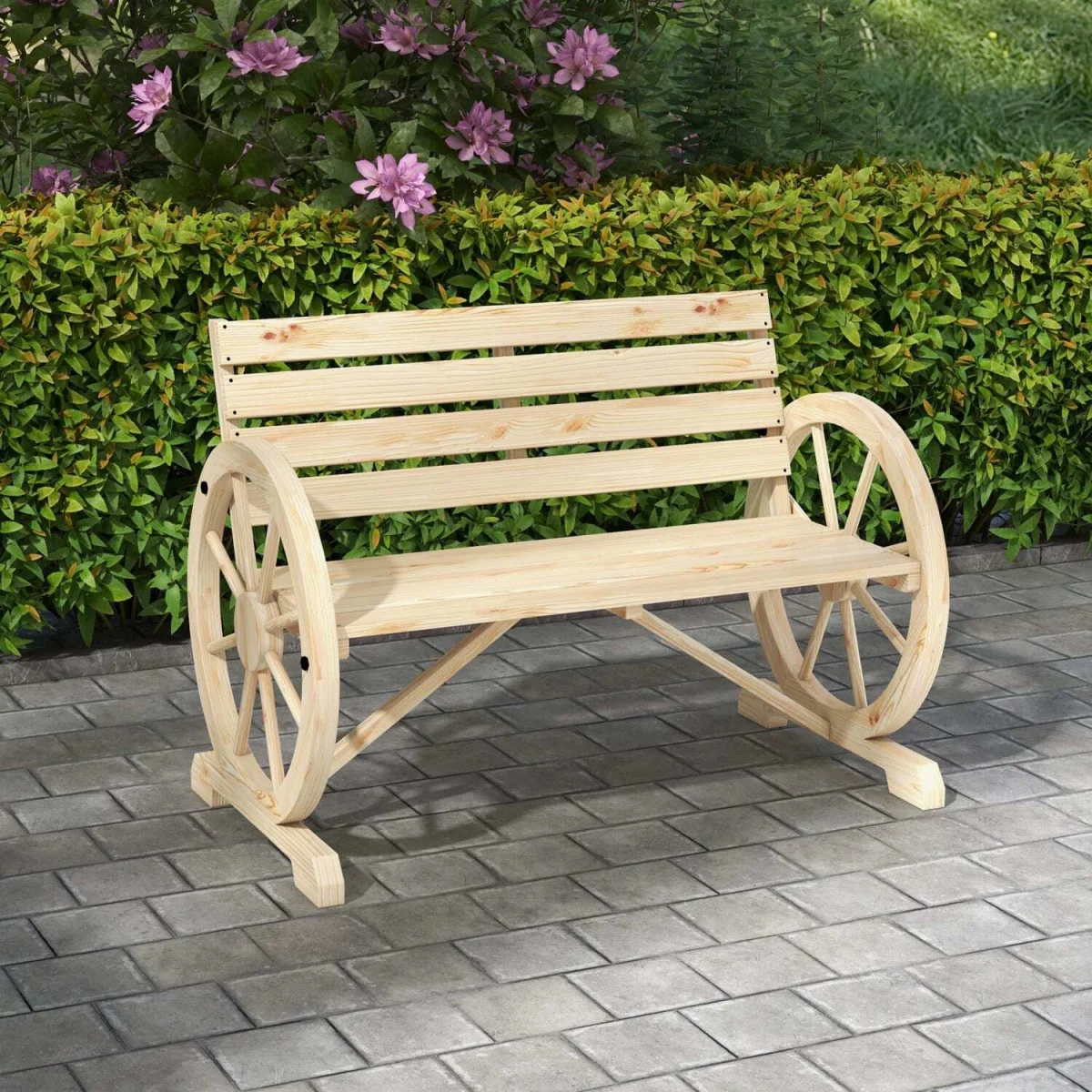 Hata Zilu Natural Rustic Wagon Wheel Garden Bench With Armrests – image 3