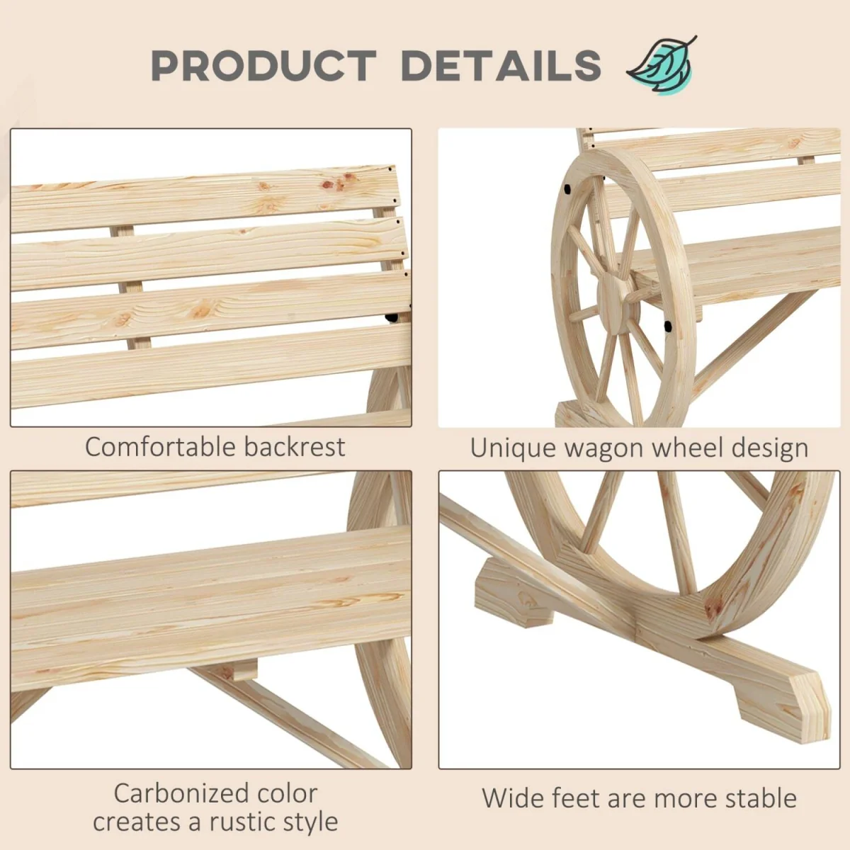Hata Zilu Natural Rustic Wagon Wheel Garden Bench With Armrests – image 6