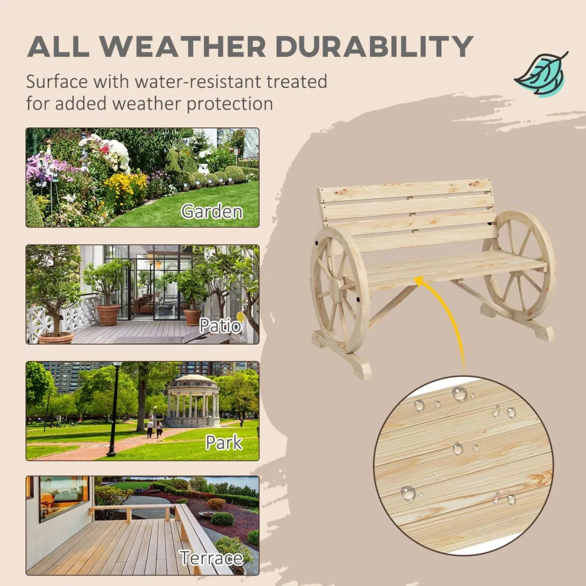 Hata Zilu Natural Rustic Wagon Wheel Garden Bench With Armrests – image 7