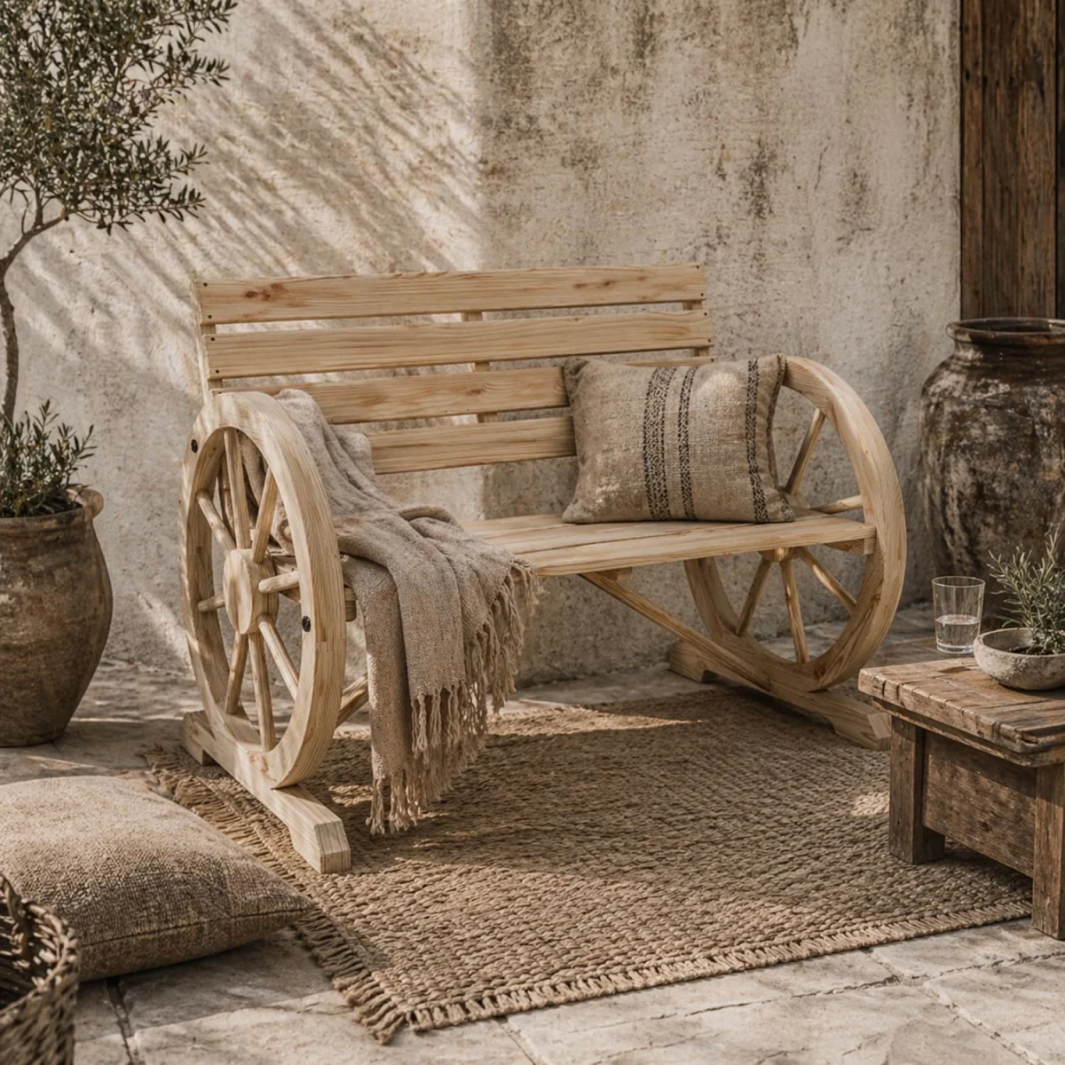 Hata Zilu Natural Rustic Wagon Wheel Garden Bench With Armrests – image 1
