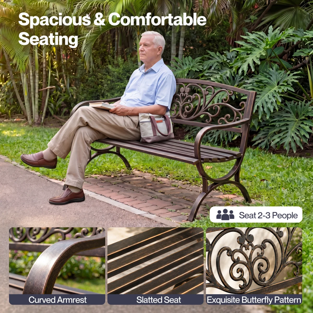 Garden Bench,Butterfly Cast Iron Outdoor Bench,300kg Metal,Bronze - Bronze – image 5
