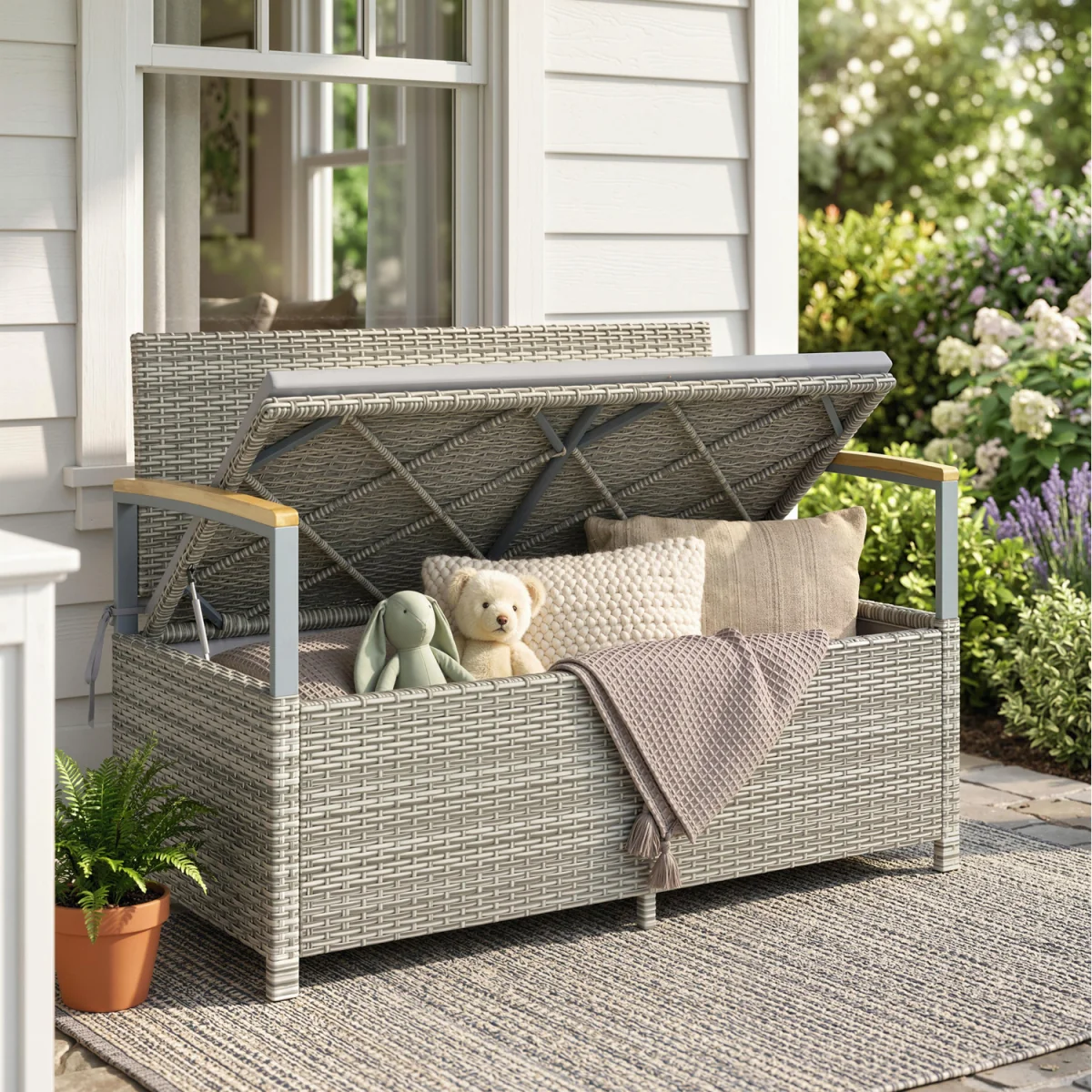 Outsunny 170 L Rattan Garden Storage Bench with Cushion - Light Grey – image 2