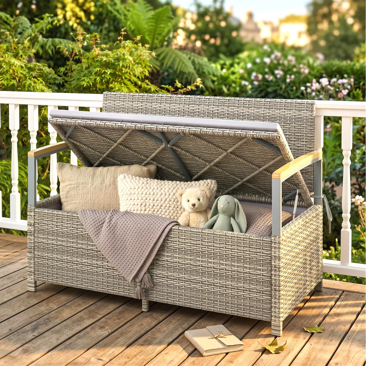 Outsunny 170 L Rattan Garden Storage Bench with Cushion - Light Grey – image 3