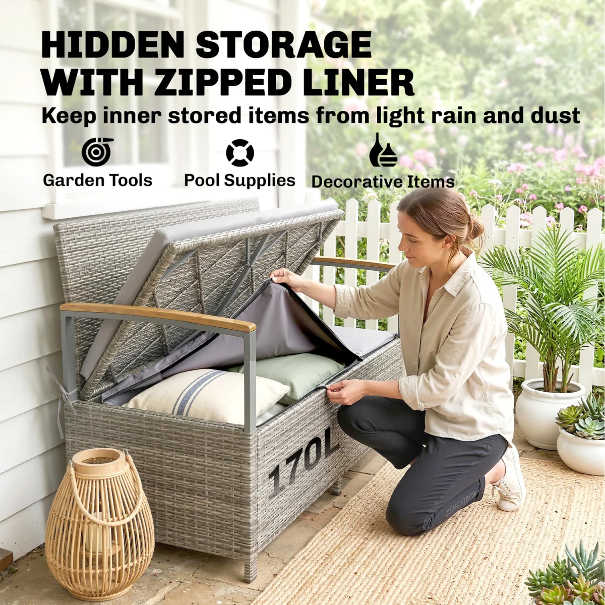 Outsunny 170 L Rattan Garden Storage Bench with Cushion - Light Grey – image 6