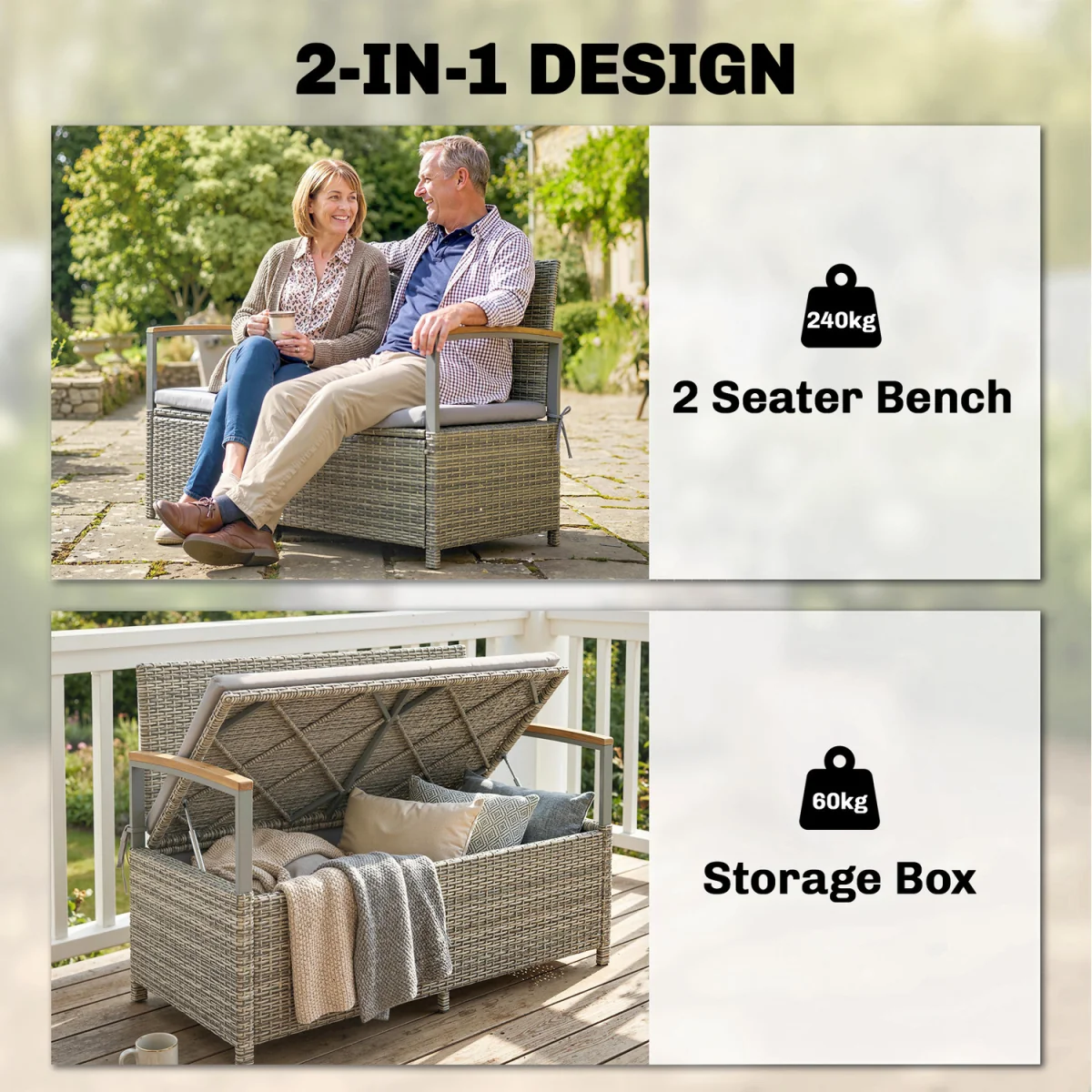 Outsunny 170 L Rattan Garden Storage Bench with Cushion - Light Grey – image 7