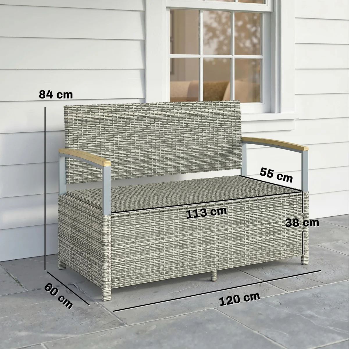 Outsunny 170 L Rattan Garden Storage Bench with Cushion - Light Grey – image 8