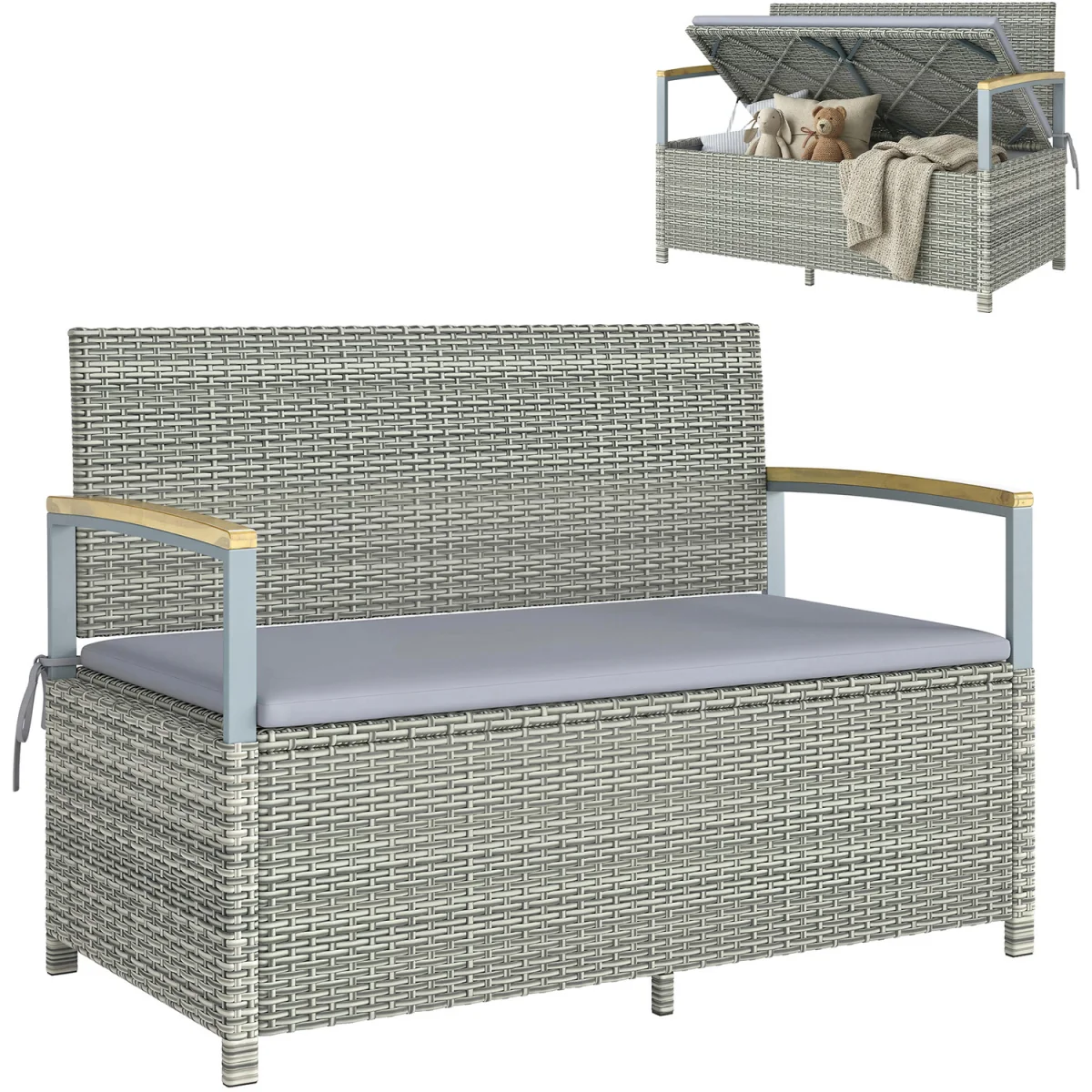 Outsunny 170 L Rattan Garden Storage Bench with Cushion - Light Grey – image 9