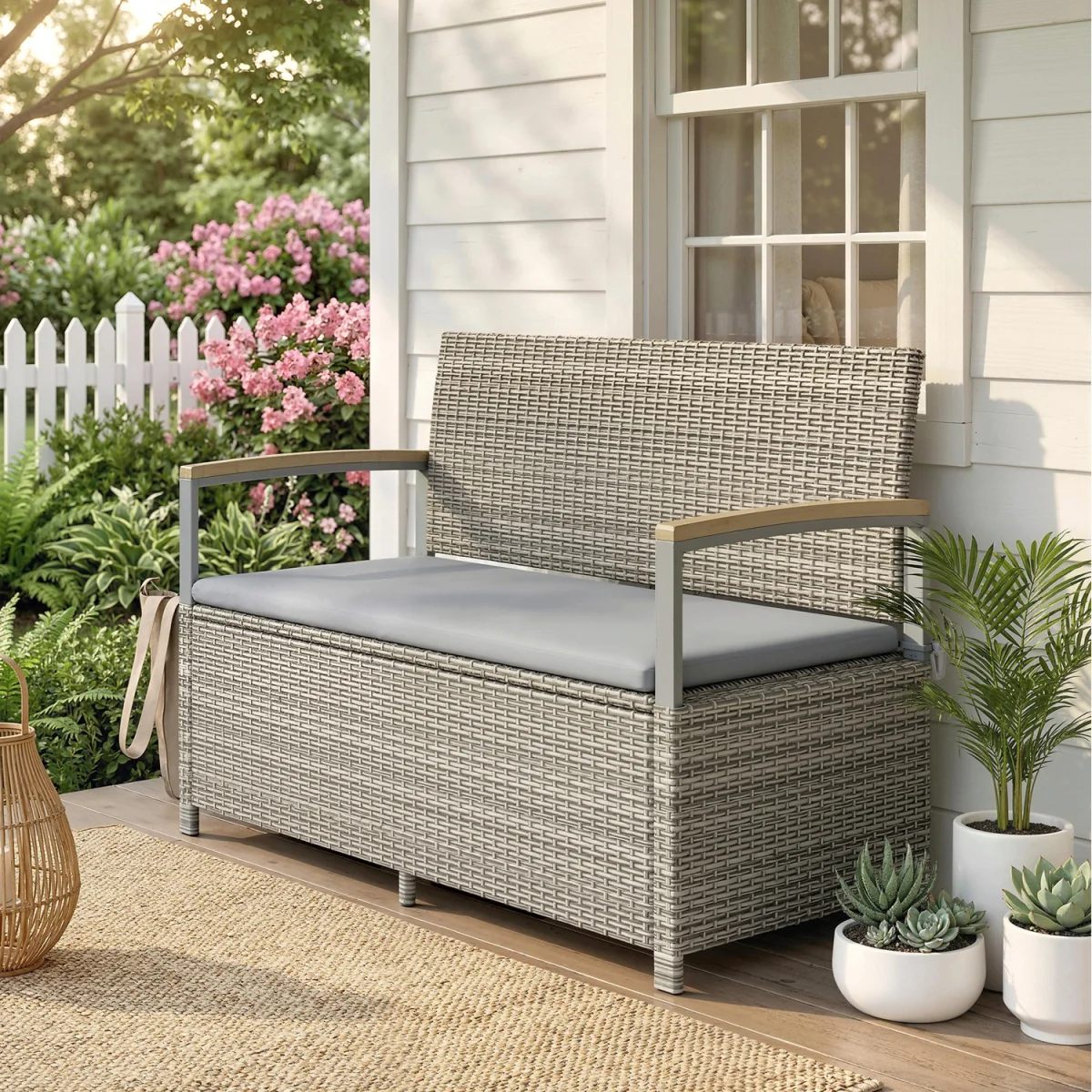 Outsunny 170 L Rattan Garden Storage Bench with Cushion - Light Grey – image 1