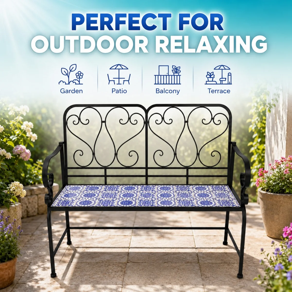 Porto Mosaic 2 Seater Garden Bench - Black frame with mosaic tile seat – image 4