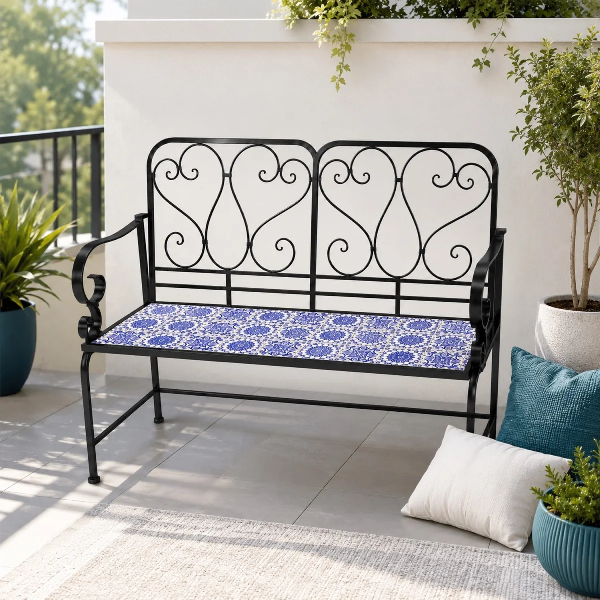 Porto Mosaic 2 Seater Garden Bench - Black frame with mosaic tile seat – image 1