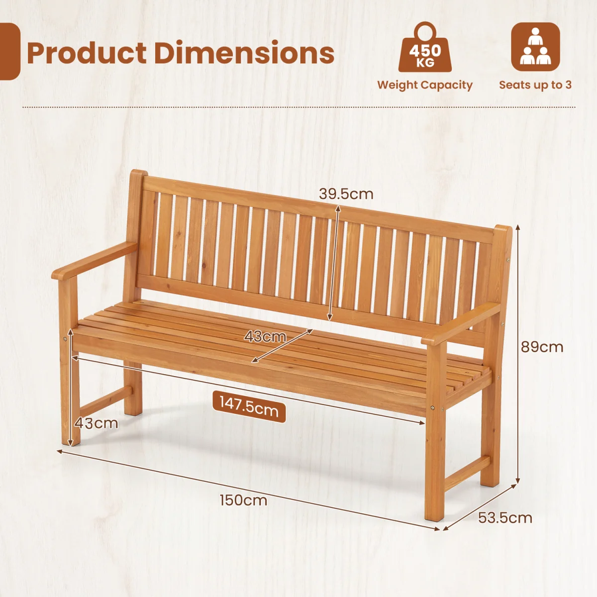 Large Garden Bench with Backrest – image 3