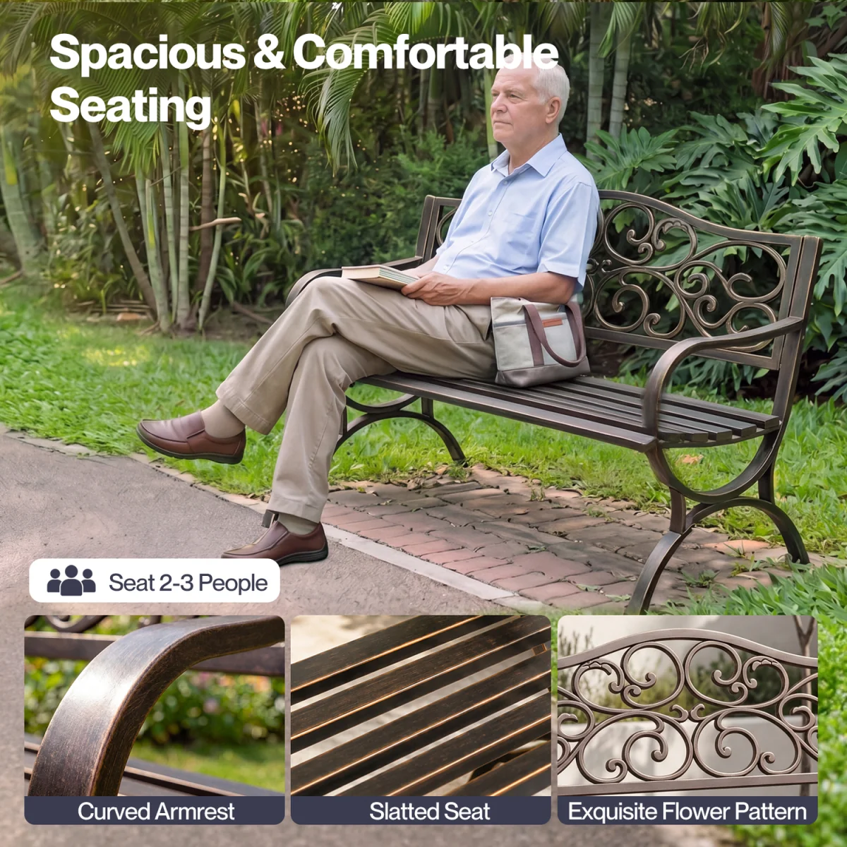 Garden Bench,Outdoor Bench,300kg Metal,Floral Pattern Bronze - Bronze – image 4