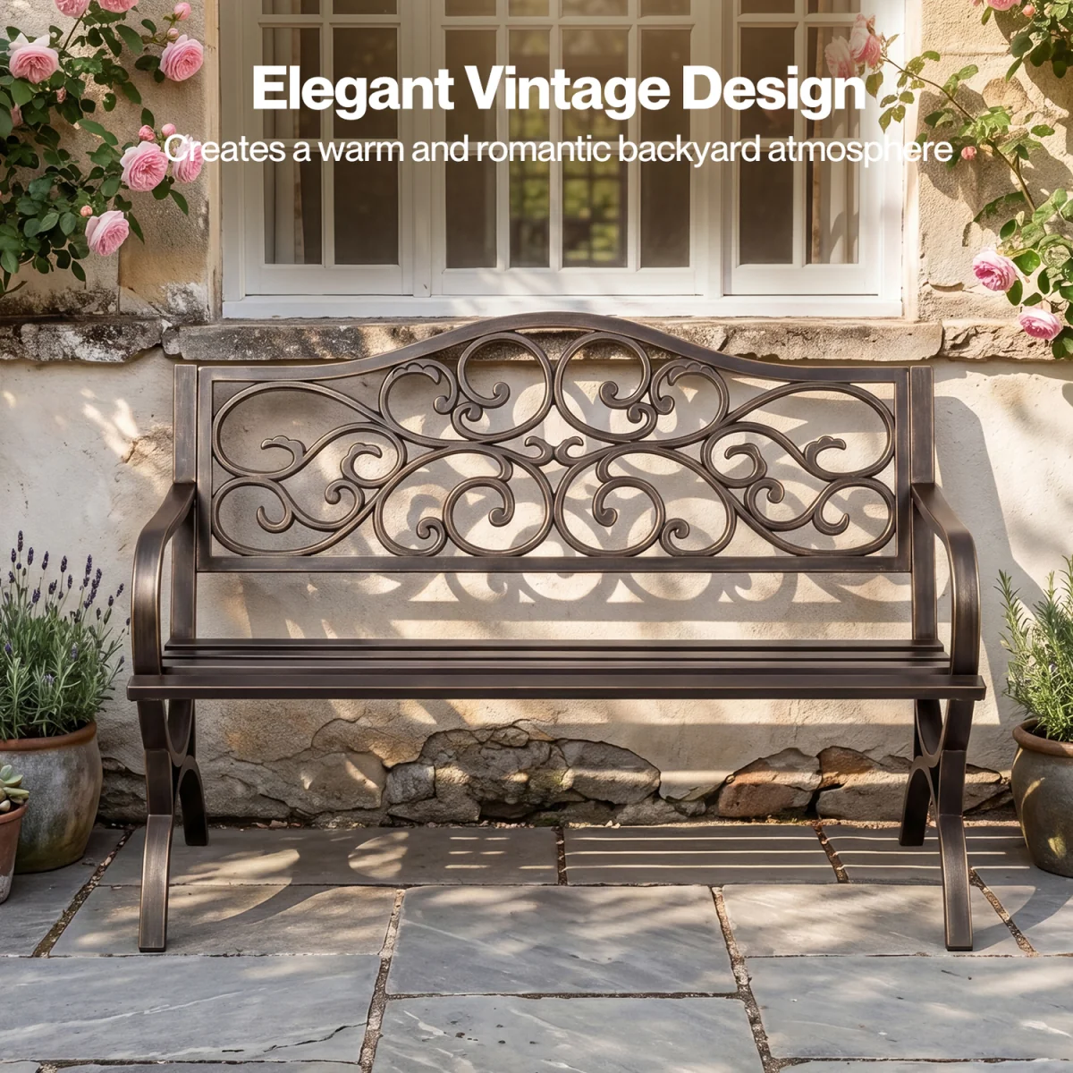Garden Bench,Outdoor Bench,300kg Metal,Floral Pattern Bronze - Bronze – image 7