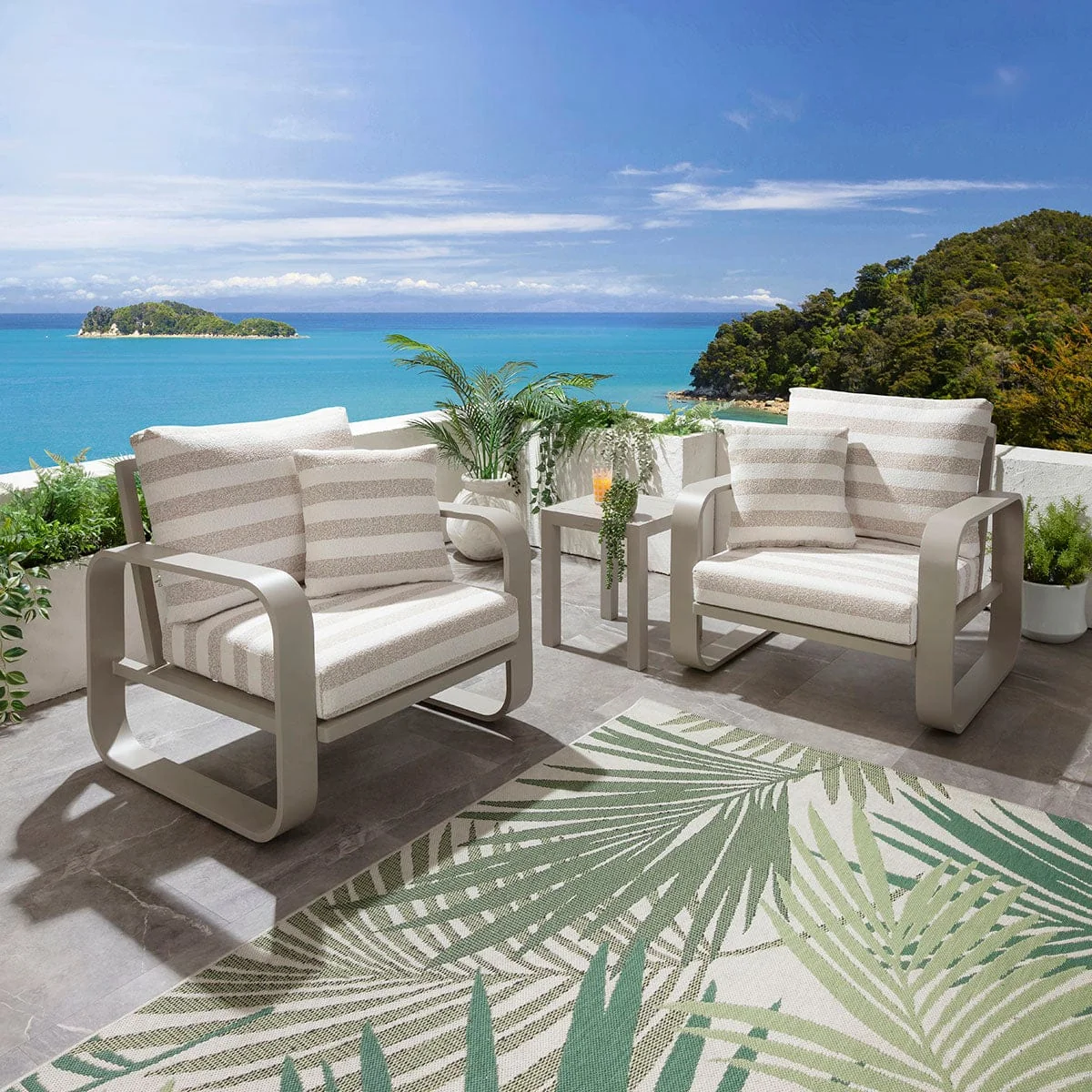Modern 2 Seater Garden Armchair Set & Side Table Aluminium Cream Beige Stripe – image 2