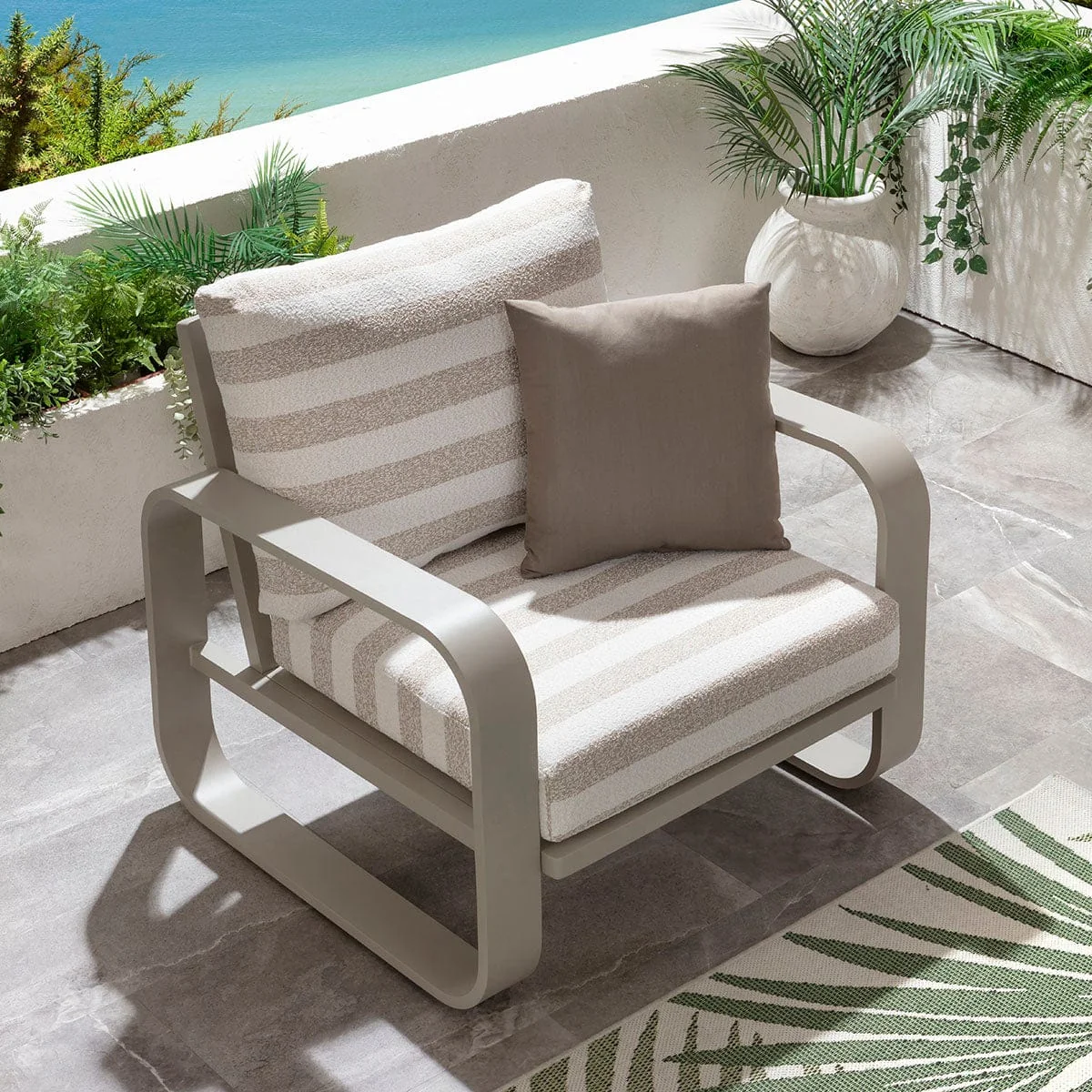 Modern 2 Seater Garden Armchair Set & Side Table Aluminium Cream Beige Stripe – image 3