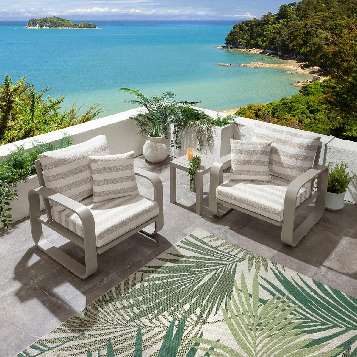 Modern 2 Seater Garden Armchair Set & Side Table Aluminium Cream Beige Stripe – image 6