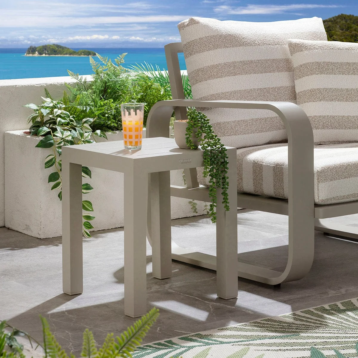 Modern 2 Seater Garden Armchair Set & Side Table Aluminium Cream Beige Stripe – image 7