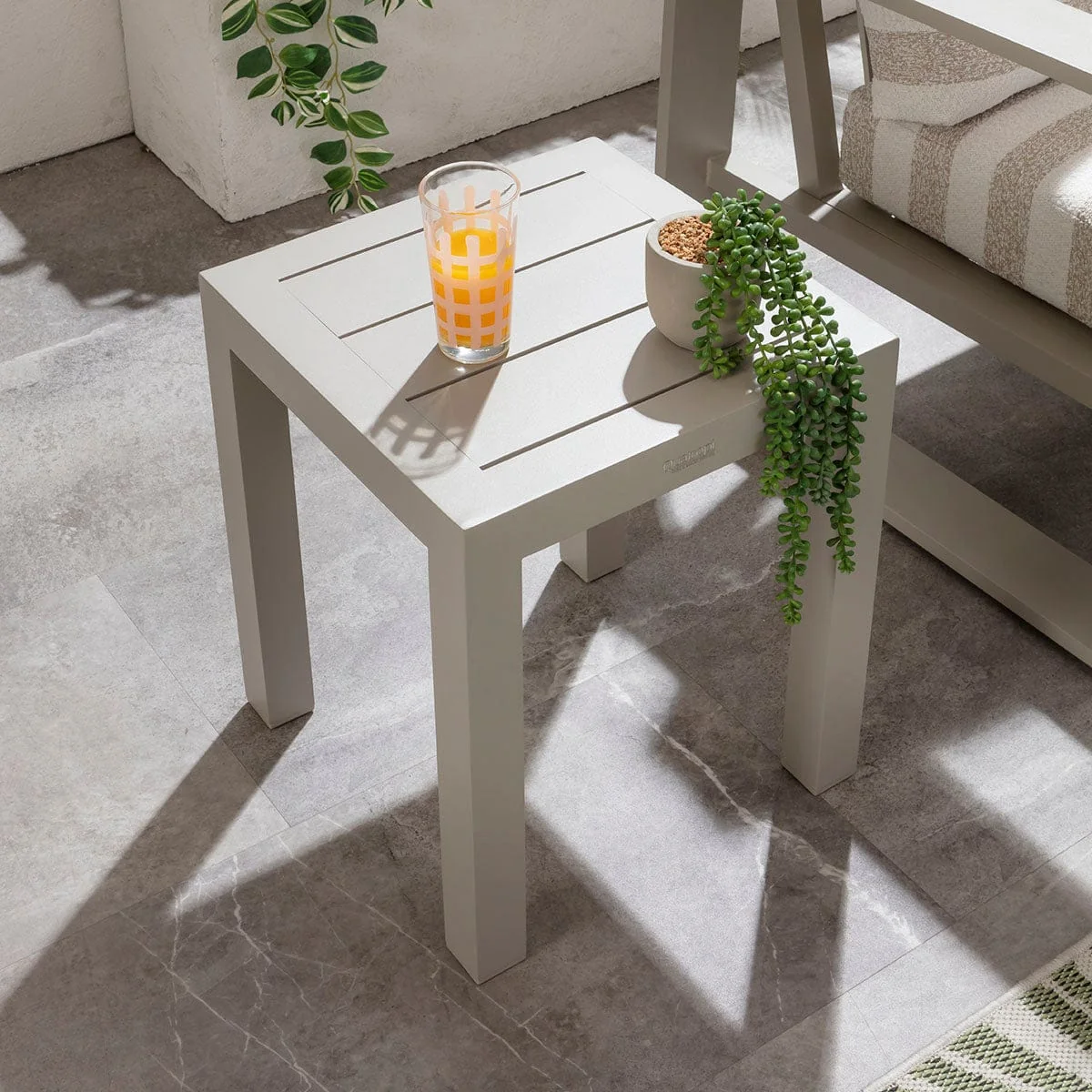 Modern 2 Seater Garden Armchair Set & Side Table Aluminium Cream Beige Stripe – image 8