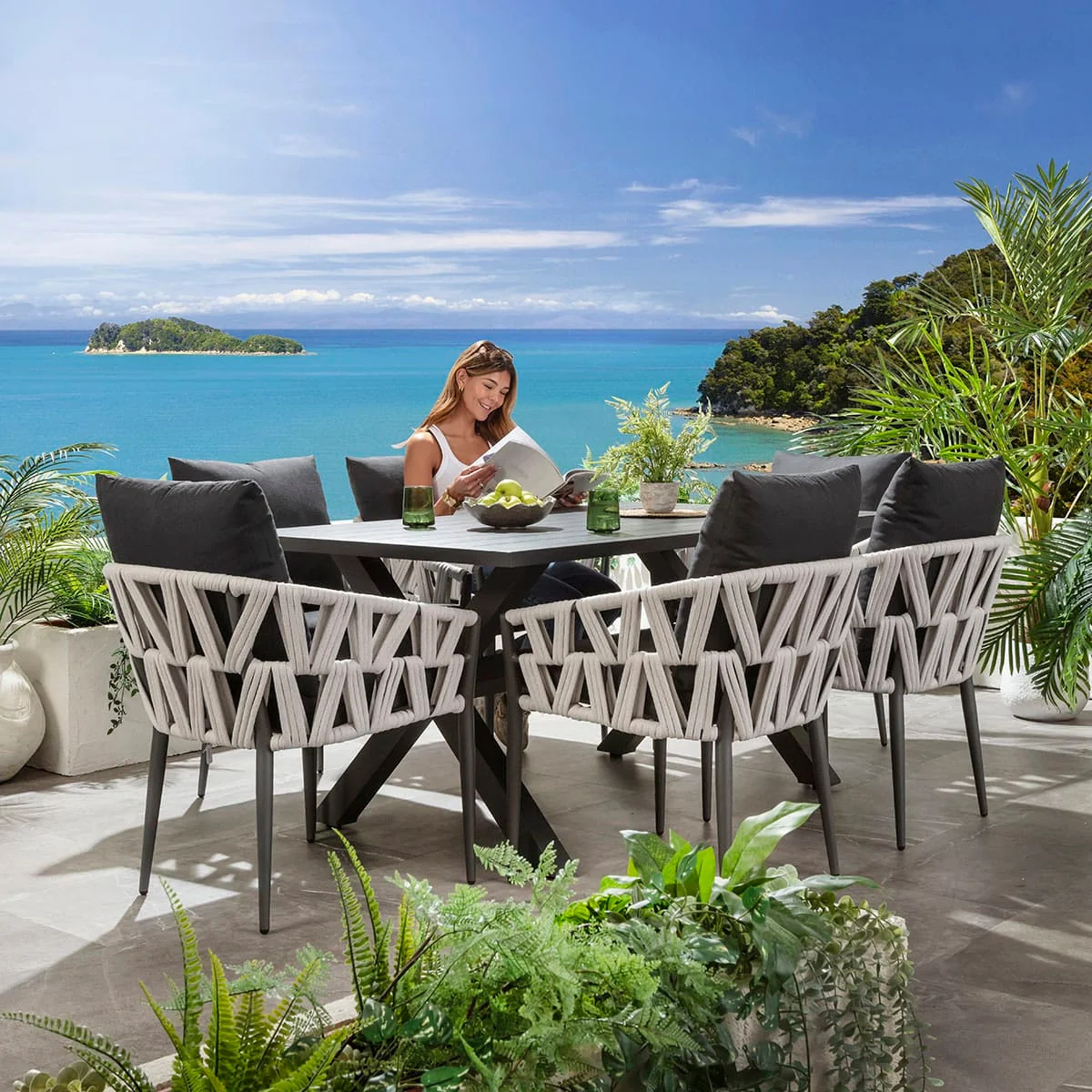 Modern Aluminium Outdoor Garden Dining Chair Light Grey Rope – image 4