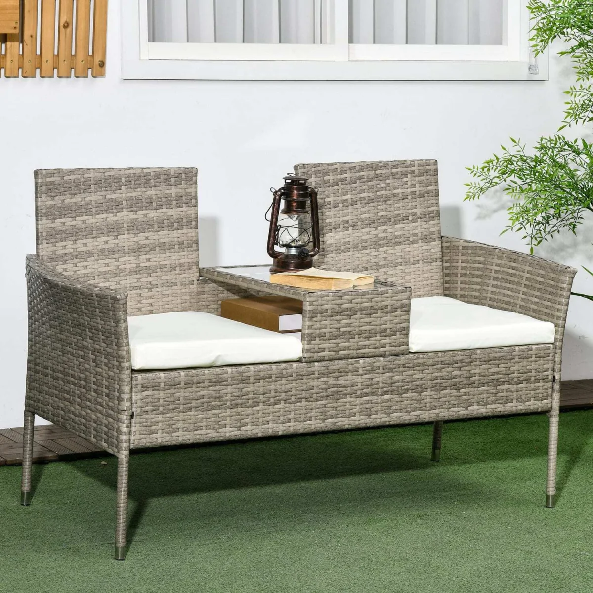 Hamoba Faux Rattan 2-Seat Garden Chair with Integrated Centre Table – image 4