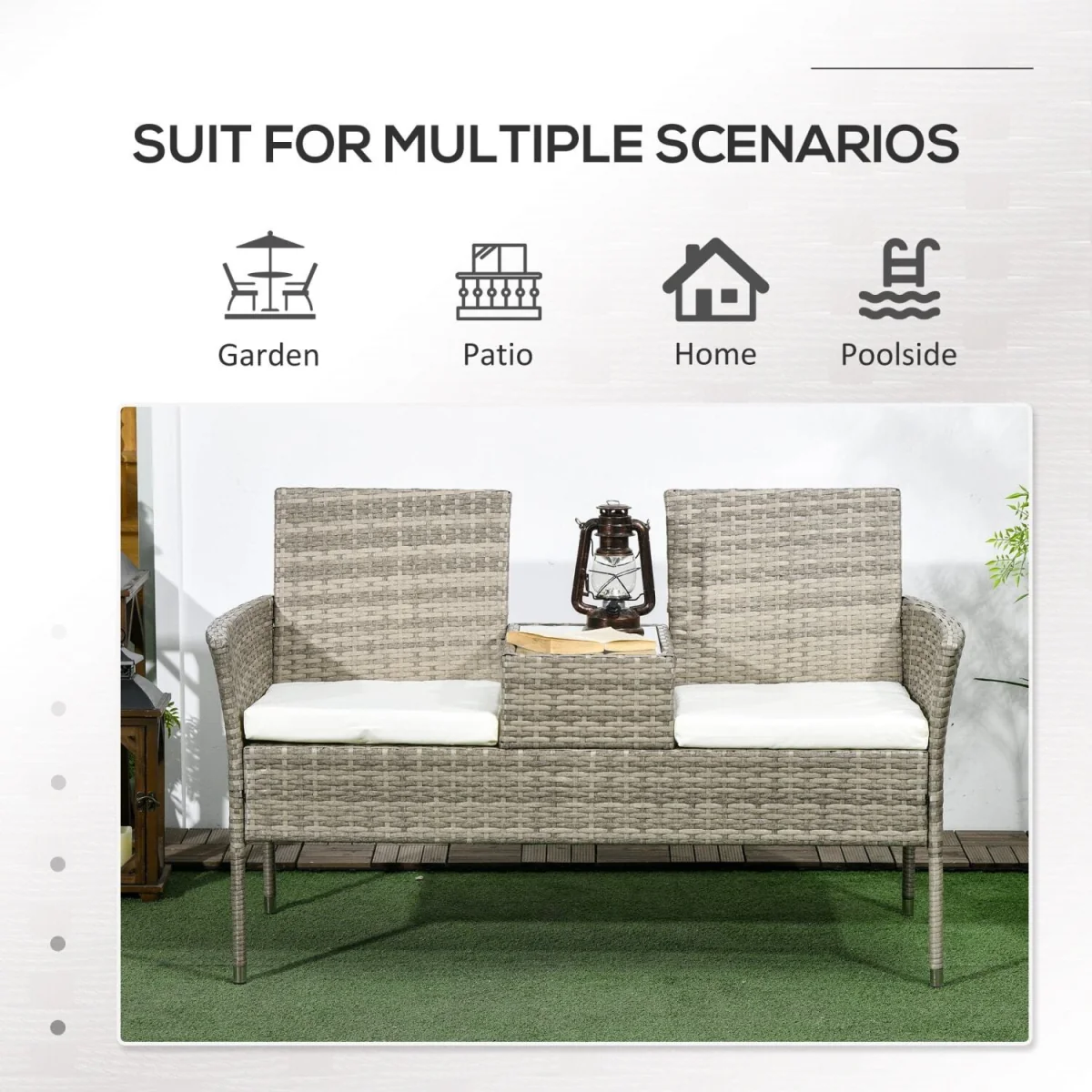Hamoba Faux Rattan 2-Seat Garden Chair with Integrated Centre Table – image 9