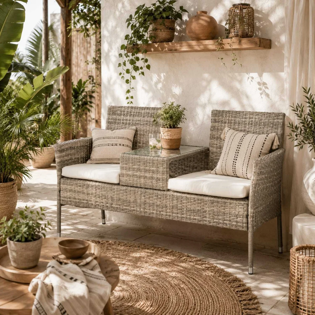 Hamoba Faux Rattan 2-Seat Garden Chair with Integrated Centre Table – image 1