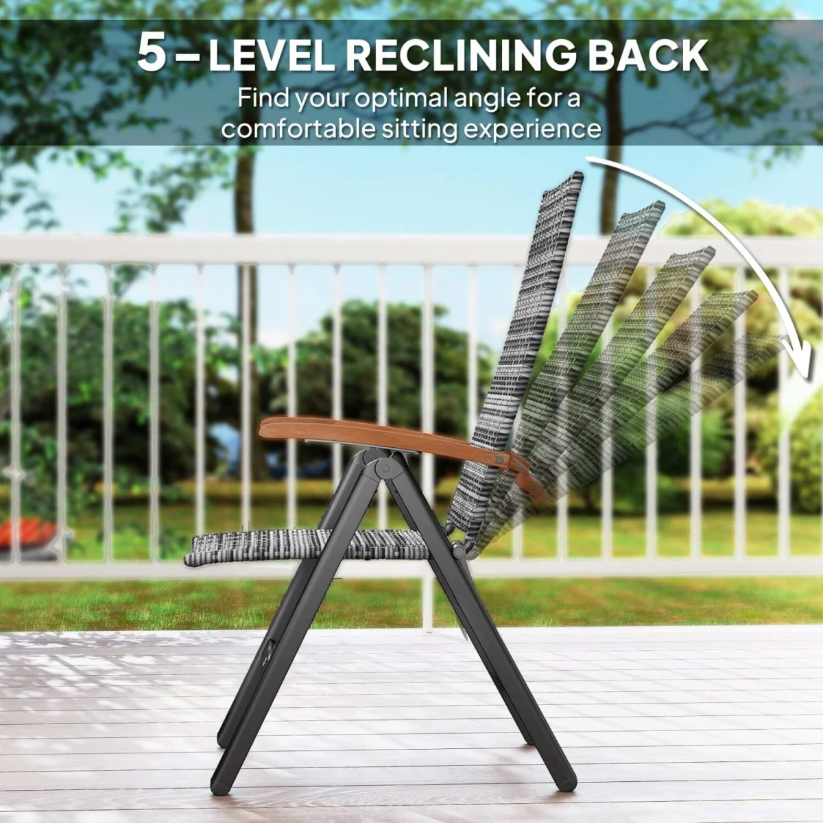 Konotte Suma Folding Rattan Garden Dining Chair - Light Grey, 5-Position Recline, Wooden Armrests – image 2