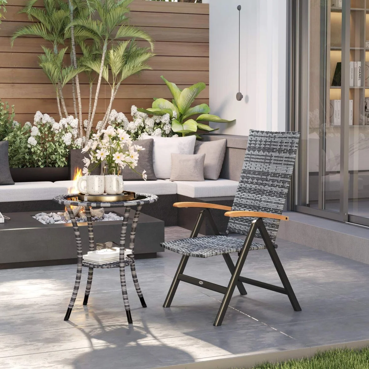Konotte Suma Folding Rattan Garden Dining Chair - Light Grey, 5-Position Recline, Wooden Armrests – image 4