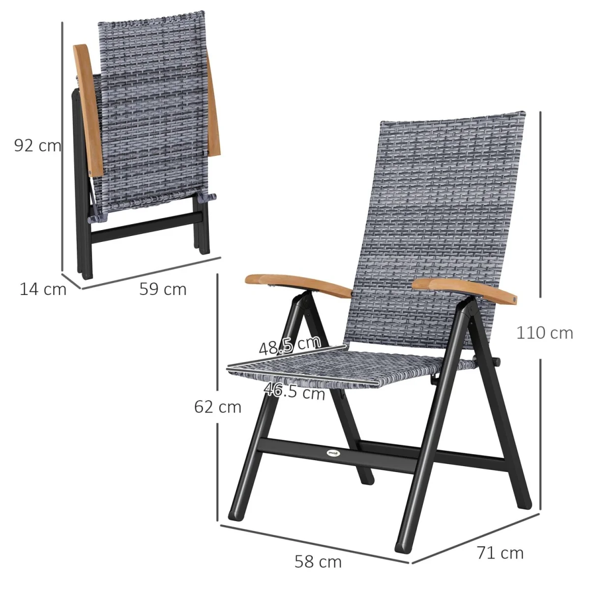 Konotte Suma Folding Rattan Garden Dining Chair - Light Grey, 5-Position Recline, Wooden Armrests – image 5