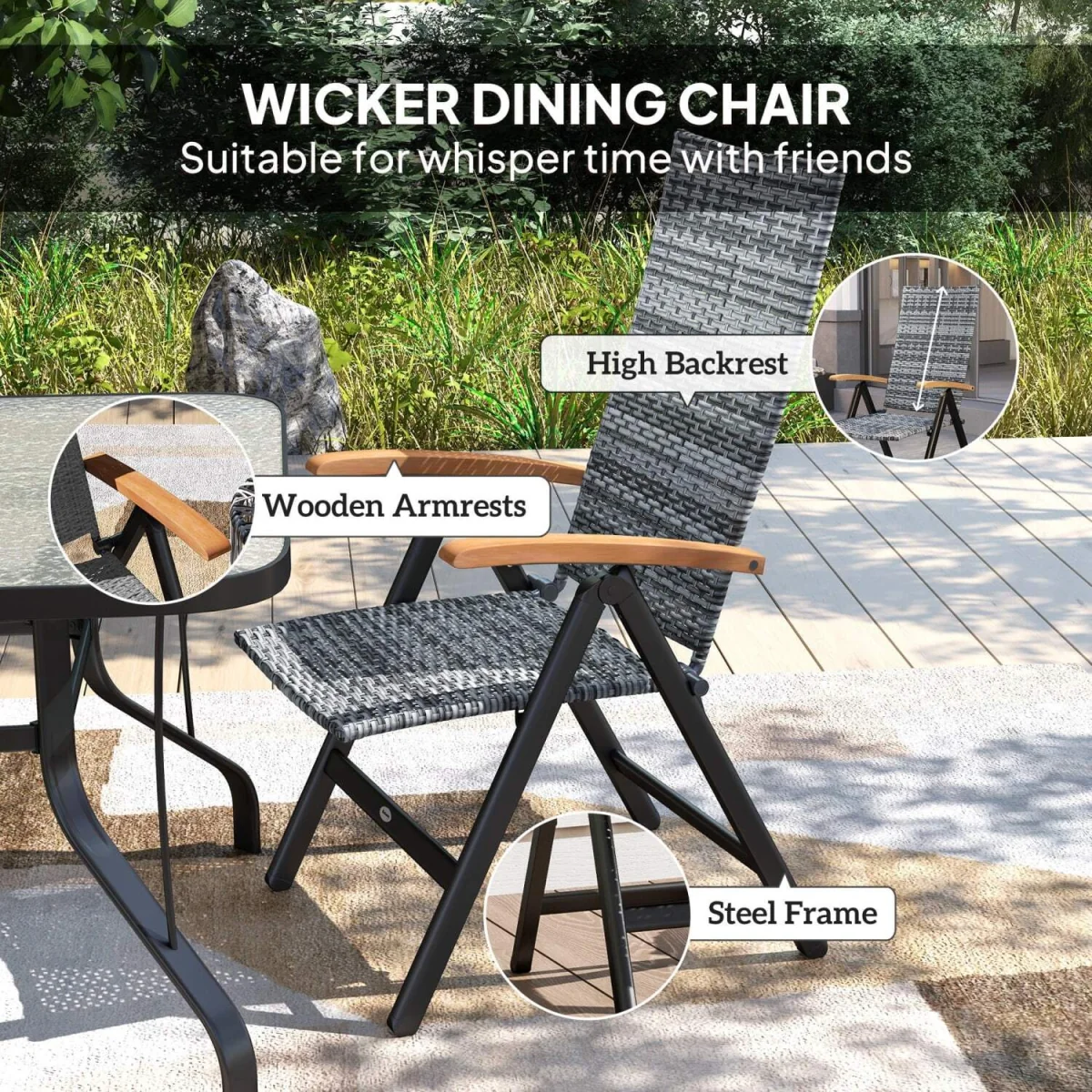 Konotte Suma Folding Rattan Garden Dining Chair - Light Grey, 5-Position Recline, Wooden Armrests – image 6