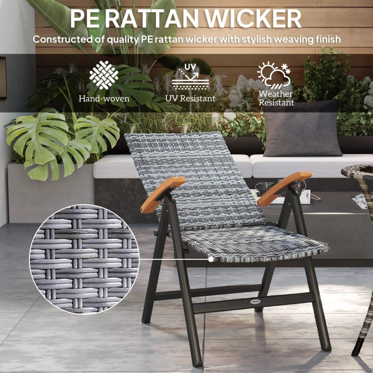Konotte Suma Folding Rattan Garden Dining Chair - Light Grey, 5-Position Recline, Wooden Armrests – image 7