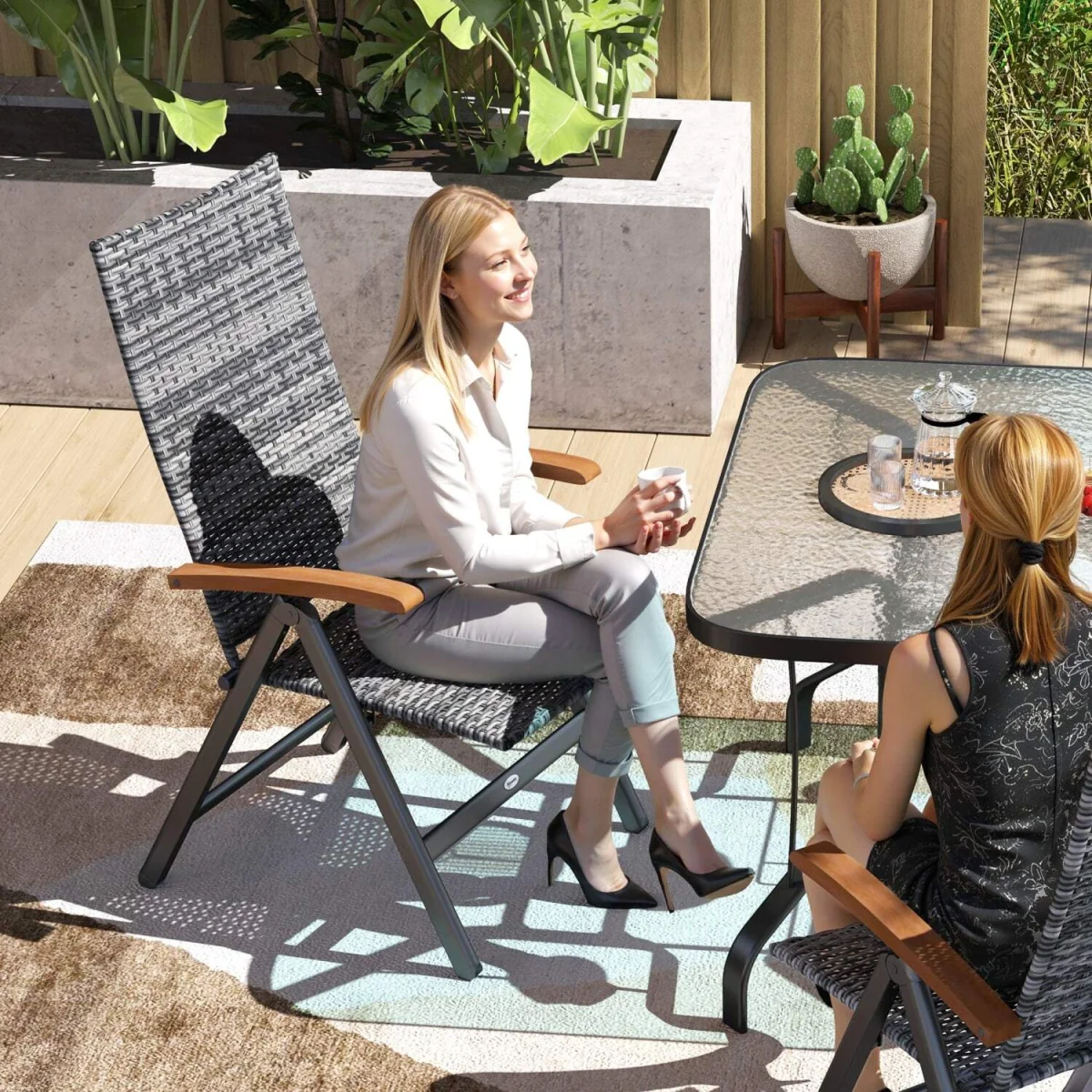 Konotte Suma Folding Rattan Garden Dining Chair - Light Grey, 5-Position Recline, Wooden Armrests – image 9