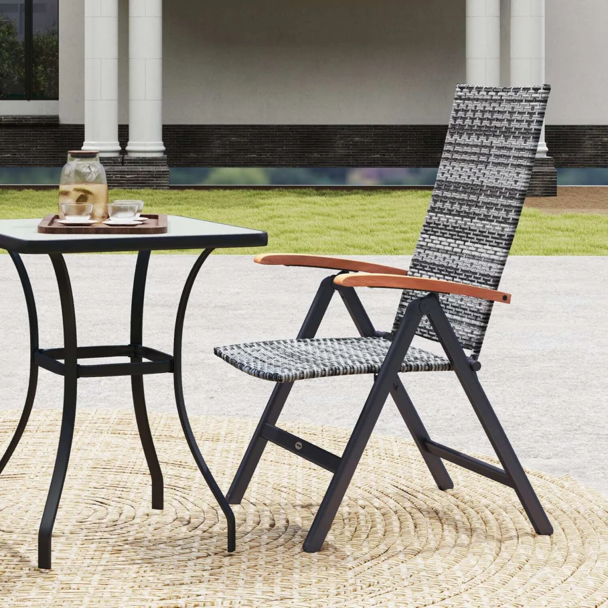Konotte Suma Folding Rattan Garden Dining Chair - Light Grey, 5-Position Recline, Wooden Armrests – image 10