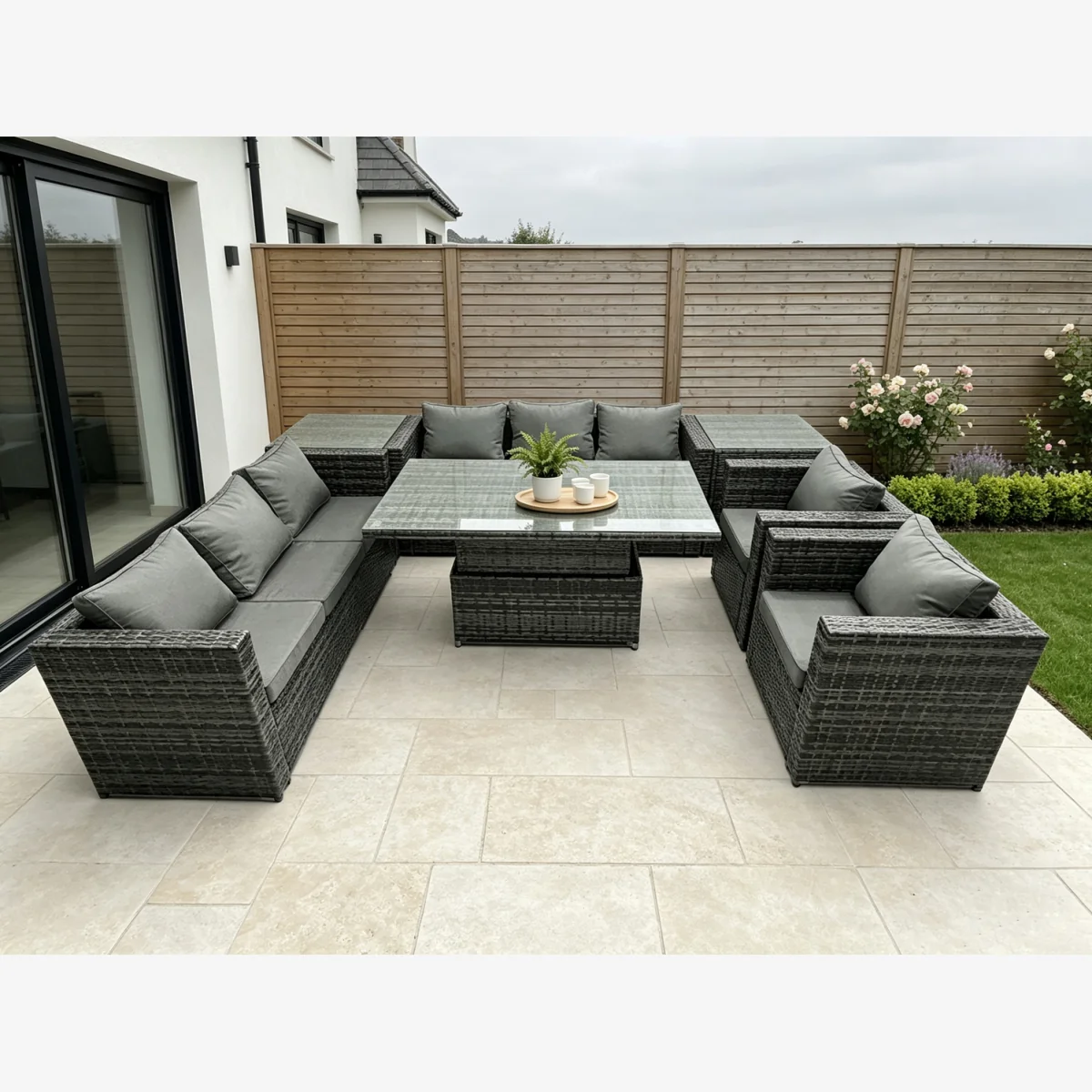 Fimous Rattan Garden Sofa Lift Table 2 Armchair 2 Side Table - Dark Grey