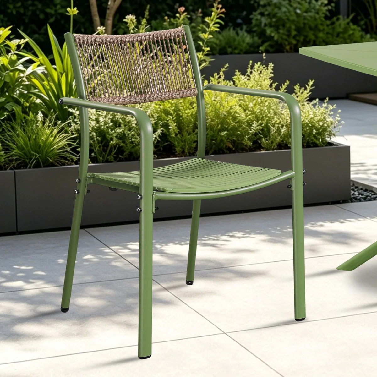 Pair of Rope Back Effect Garden Bistro Metal Armchairs - Moss Green – image 5