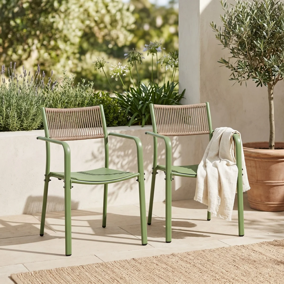 Pair of Rope Back Effect Garden Bistro Metal Armchairs - Moss Green – image 6