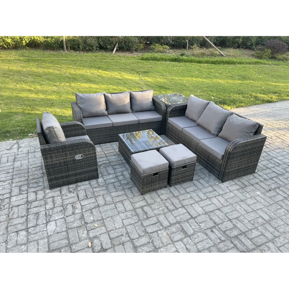 Fimous 9-Seater Dark Grey Mixed Rattan Garden Furniture Set with Reclining Chair and Cushions. - Dark Grey Mixed – image 5