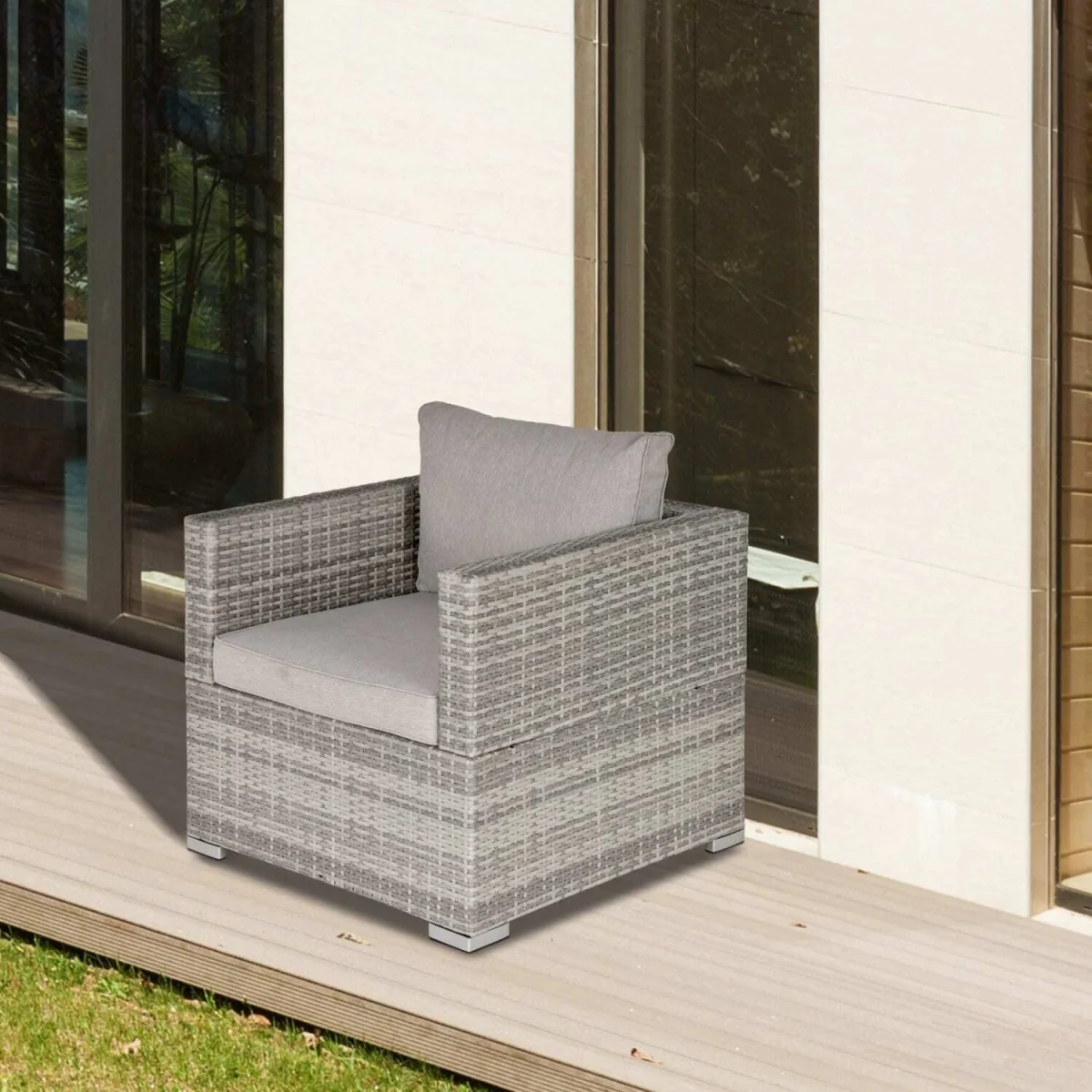Karettano Grey Rattan Single Outdoor Armchair with Cushions and Armrests – image 3