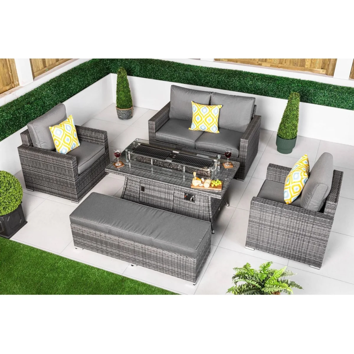 Sydney Garden Sofa Loveseat + 2 Arm Chairs & Fire Pit Table Set - Grey – image 3