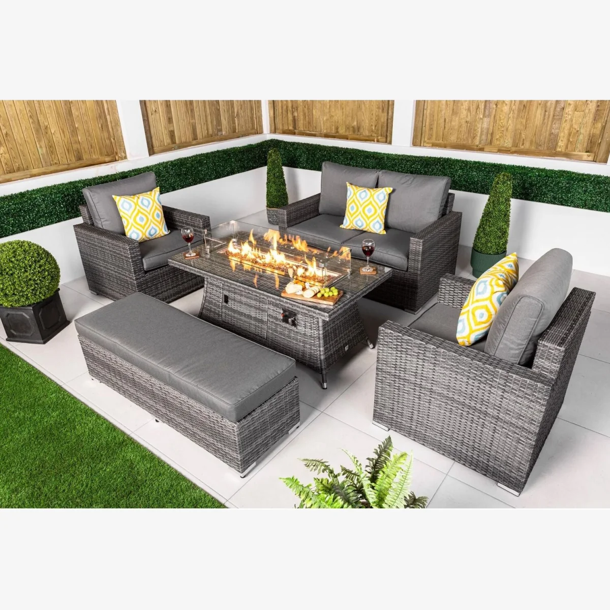 Sydney Garden Sofa Loveseat + 2 Arm Chairs & Fire Pit Table Set - Grey – image 1