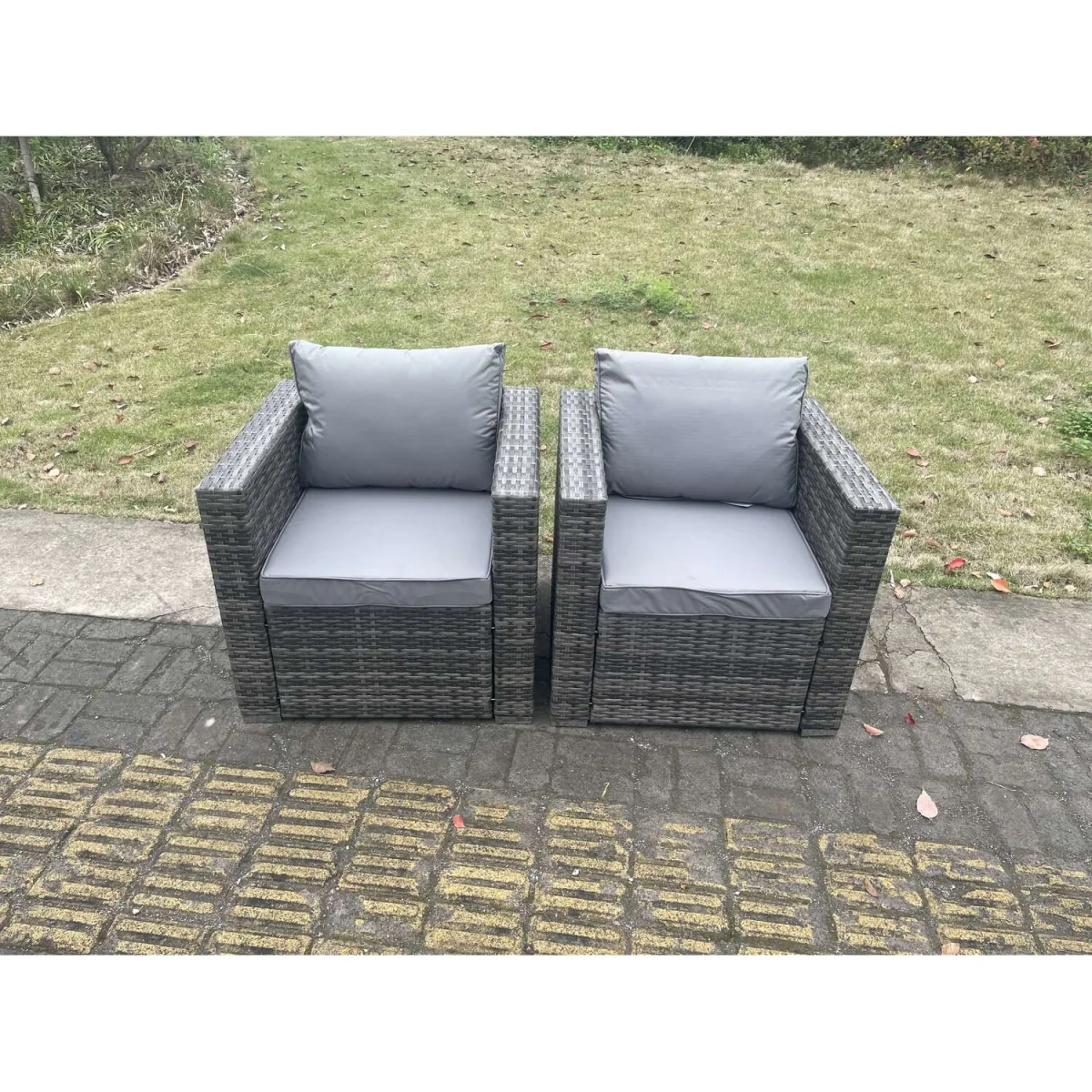 2 PC Outdoor Rattan Arm Sofa Chair Garden Furniture Cushion - Dark Grey Mixed – image 2